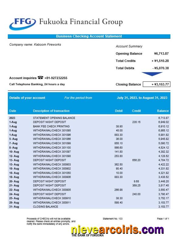 The Bank of Fukuoka firm account statement